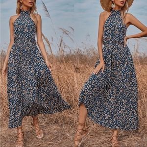 Boho floral print halter maxi dress